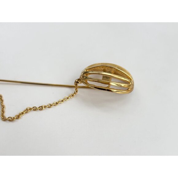 Gold T Spherical Cage w/ Safety Chain Vintage Stick Pin | Hat Pin | Lapel Pin - Picture 8 of 10